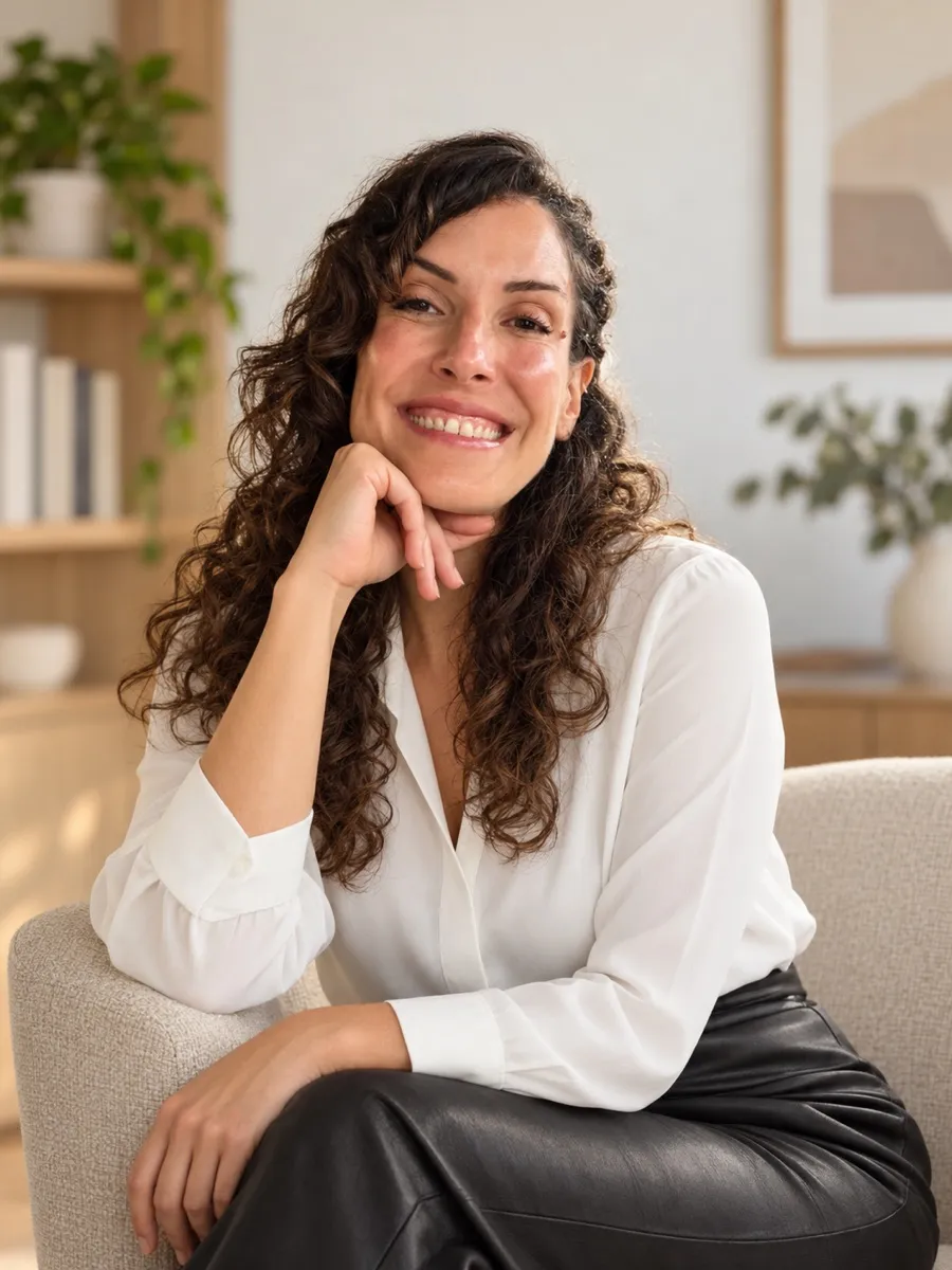 Sara Llorens, psicóloga en Valencia especialista en TOC, sonriendo en su consulta